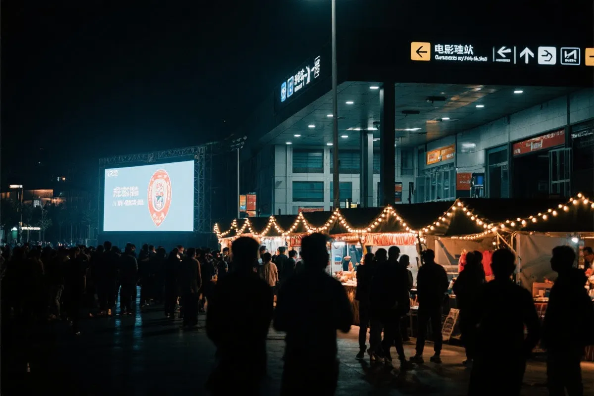 费城球迷广场夜景：大屏观赛人群、步行指示牌与公共交通入口